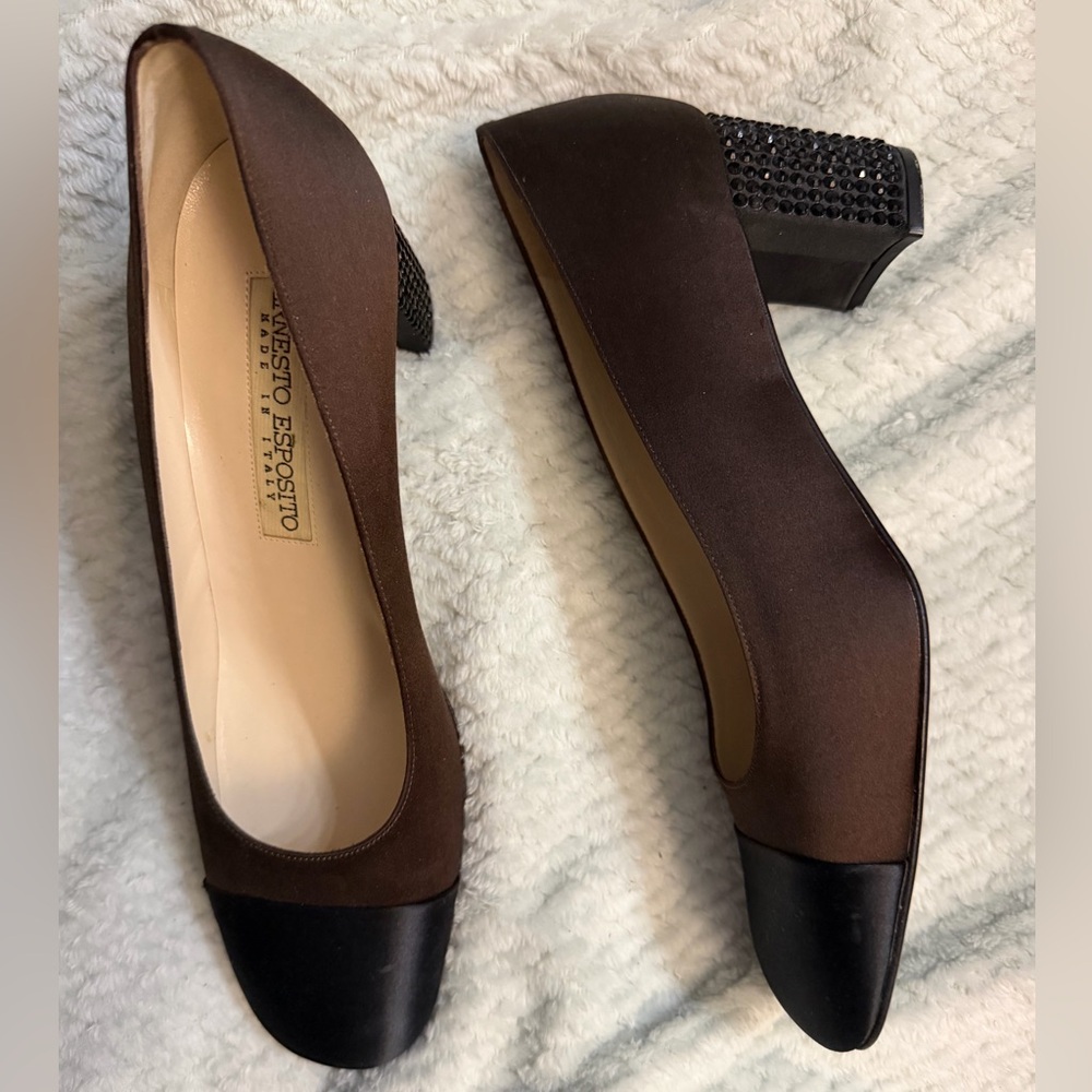 Ernesto Esposito Brown Satin Pumps with Black Cap Toe and Crystal Block Heel